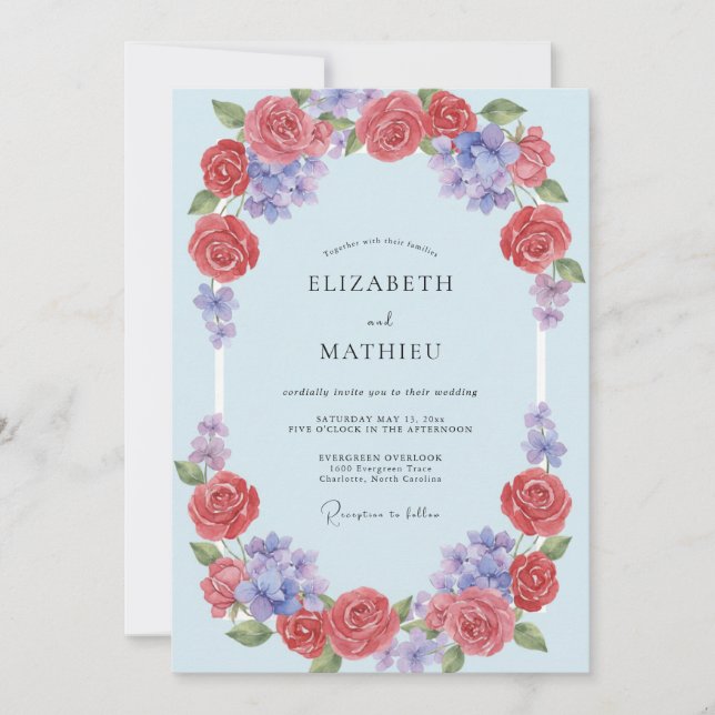 Convites Casamento com Arco Floral de Coral Azul (Frente)