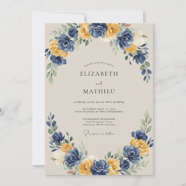 Convites Casamento com Arco Floral Dourado Marinho (Frente)
