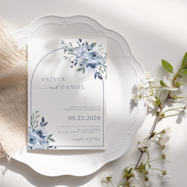 Convites Casamento com Arco Floral Dusty Blue Watercolor (Criador carregado)