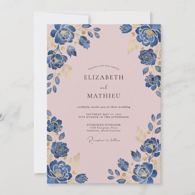 Convites Casamento com Arco Floral em Aquarela Azul (Frente)