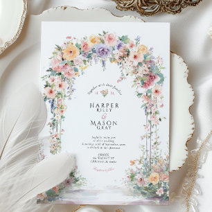 Convites Casamento com Arco Floral em Aquarela Pastel