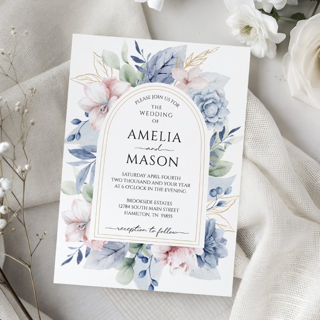 Convites Casamento com Arco Floral em Azul Empoeirado e Ros (Dusty Blue and Blush Pink Floral Arch Wedding Invitation)