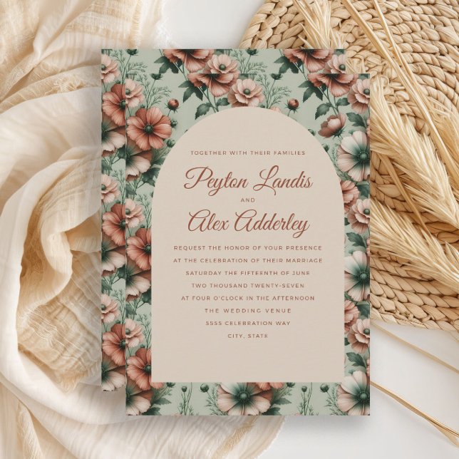 Convites Casamento com Arco Floral em Terracota Verde Sage (Terracotta and sage green floral arch wedding invitation)