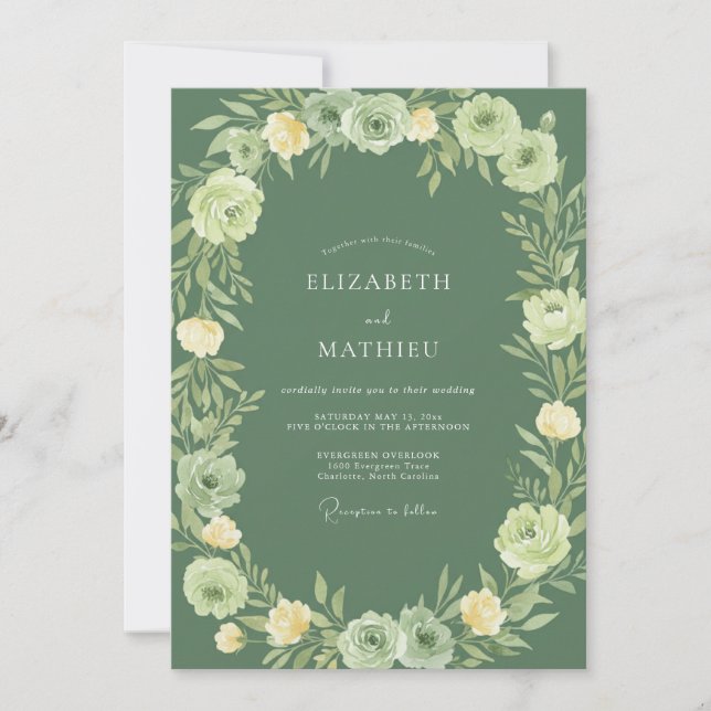 Convites Casamento com Arco Floral em Verde Sálvia (Frente)