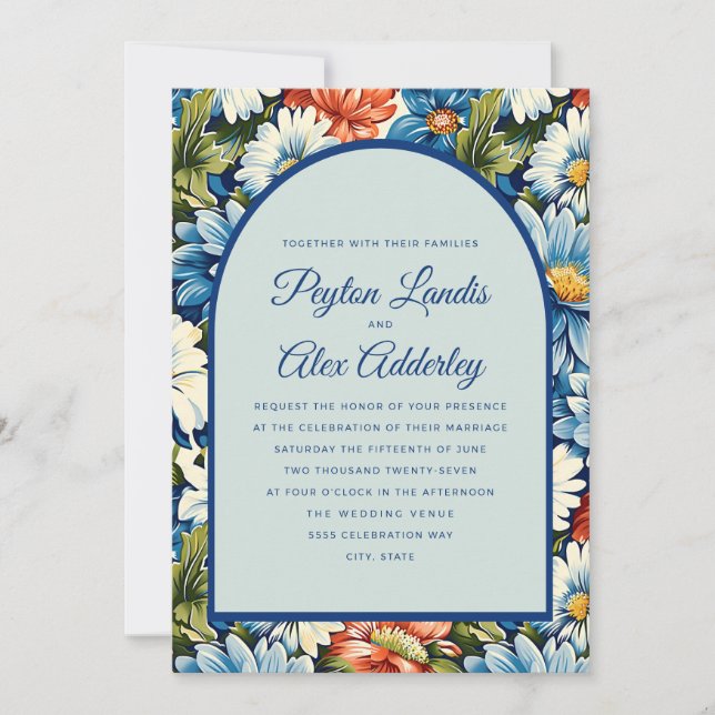 Convites Casamento com Arco Floral Laranja Azul (Frente)