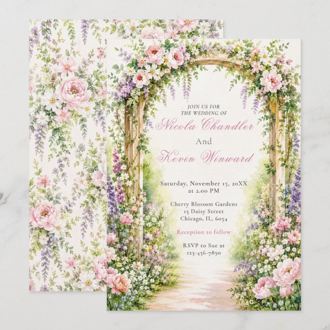 Convites Casamento com Arco Floral no Jardim (Frente/Verso)