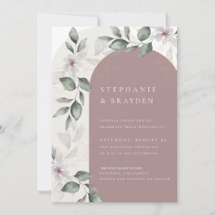 Convites Casamento com Arco Floral Rosa em Letra Elegante
