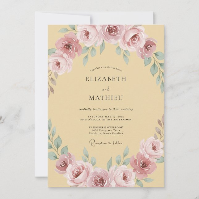 Convites Casamento com Arco Floral Rosa Empoeirado (Frente)