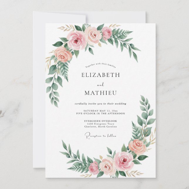 Convites Casamento com Arco Floral Rosa Encantado (Frente)