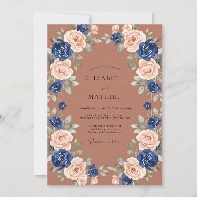 Convites Casamento com Arco Floral Rosa Velho Marinho (Frente)