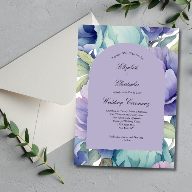 Convites Casamento com Arco Floral Roxo Azul Verde (Purple blue green pastel watercolor florals elegant arch wedding invitation. Printed or Digital)