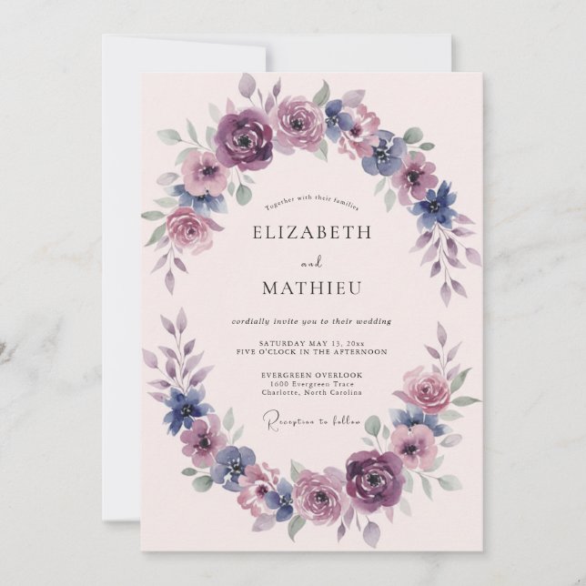 Convites Casamento com Arco Floral Roxo Empoeirado (Frente)