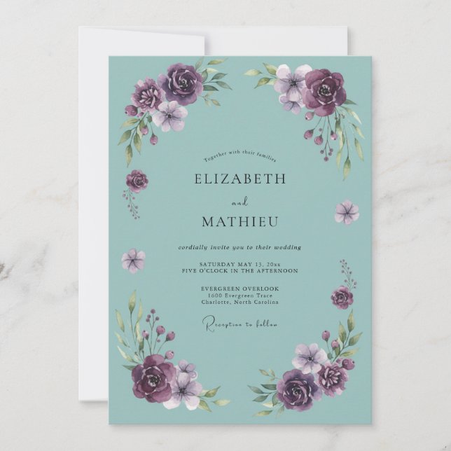 Convites Casamento com Arco Floral Roxo Intenso (Frente)