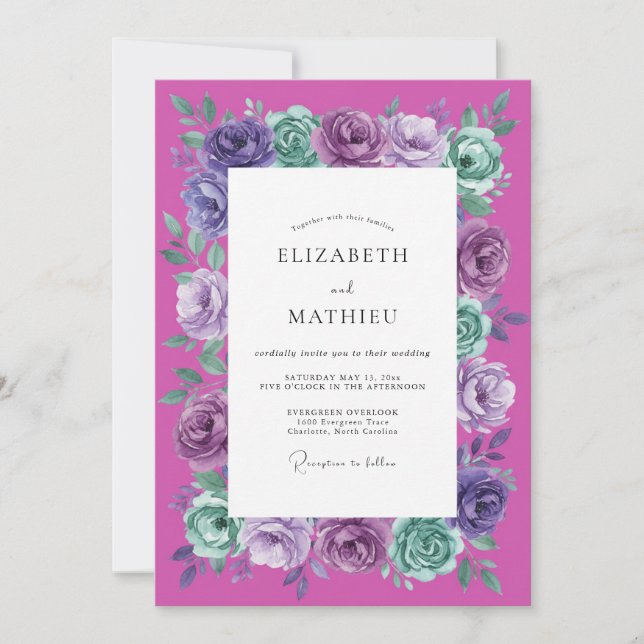 Convites Casamento com Arco Floral Roxo Verde (Frente)