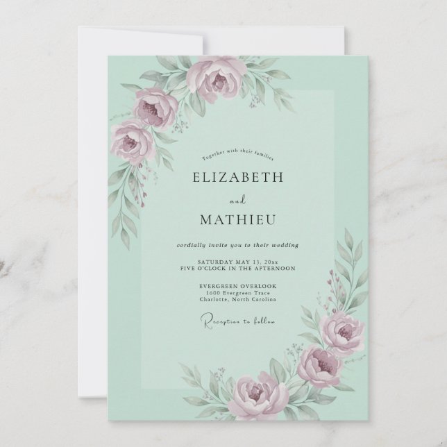 Convites Casamento com Arco Floral Suave de Hortelã (Frente)