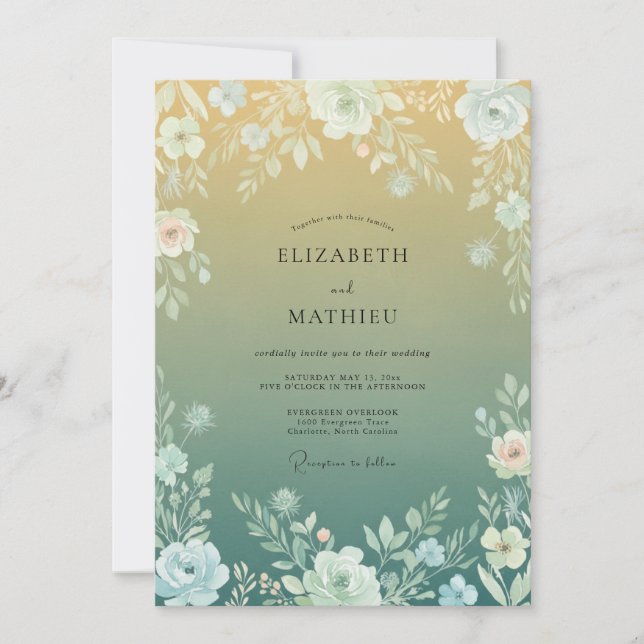 Convites Casamento com Arco Floral Verde Amarelo (Frente)