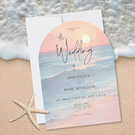 Convites Casamento com Arco na Praia com Pôr do Sol em Aqua