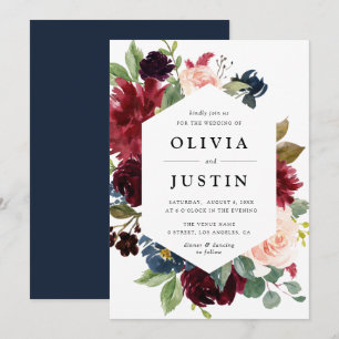 Convites Casamento com armações florais azuis e marinhos