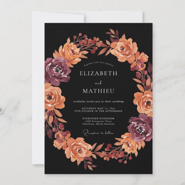 Convites Casamento com Arte Floral Borgonha (Frente)