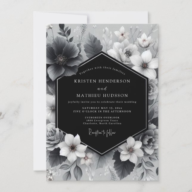 Convites Casamento com Arte Floral de Carvão (Frente)