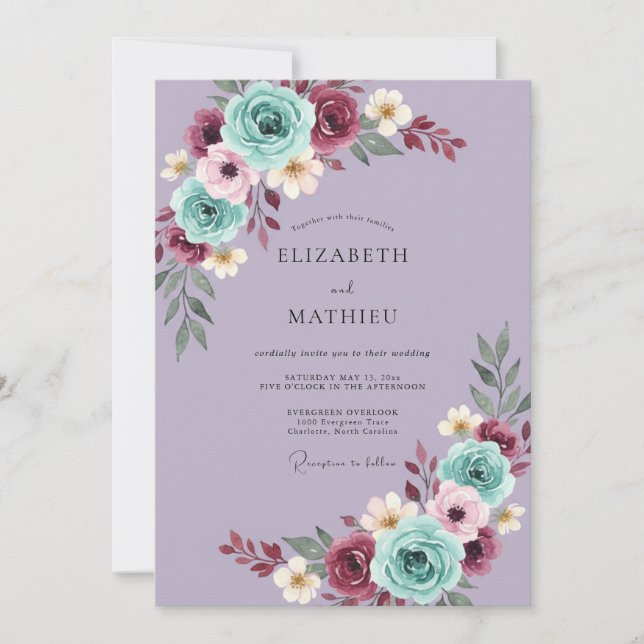 Convites Casamento com Arte Floral de Lavanda (Frente)