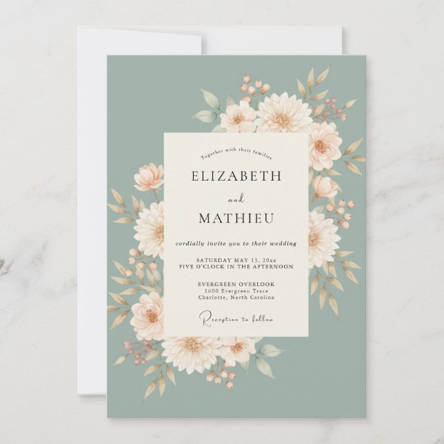 Convites Casamento com Arte Floral em Verde Sálvia (Frente)