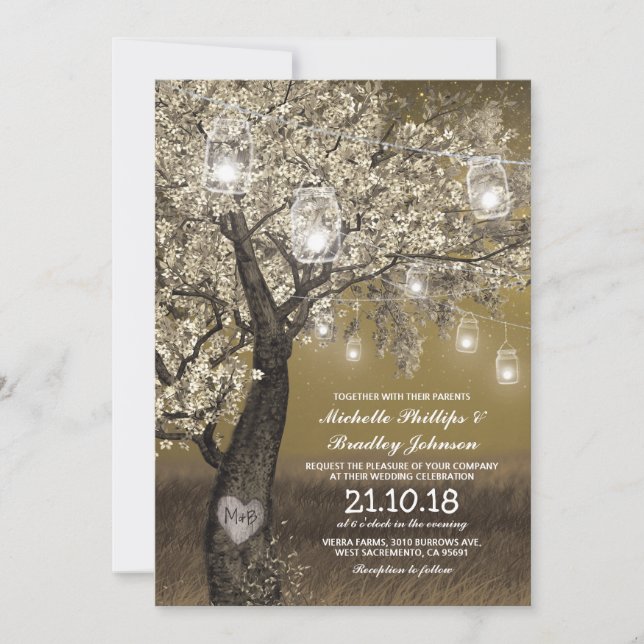 Convites Casamento com Árvore de Cerejeira Rústica e Luzes  (Frente)