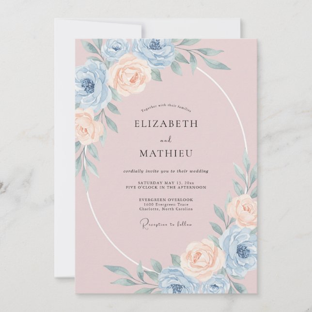 Convites Casamento com Aura de Flor de Azul Empoeirado (Frente)
