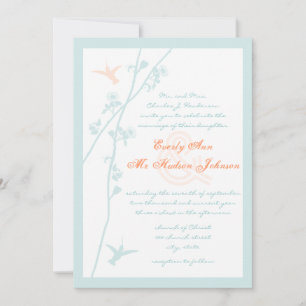 Convites Casamento com aves Aqua Blue Coral Flower Humming
