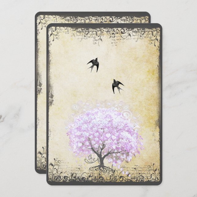 Convites Casamento com aves da Lavanda de folha de coração (Frente/Verso)