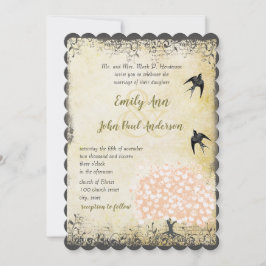 Convites Casamento com aves de amor com folhas cor-de-rosa