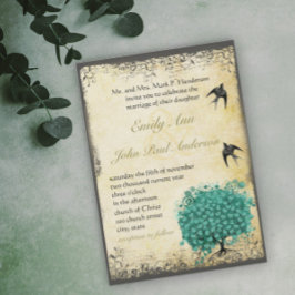 Convites Casamento com aves de amores com folhas de folhas 