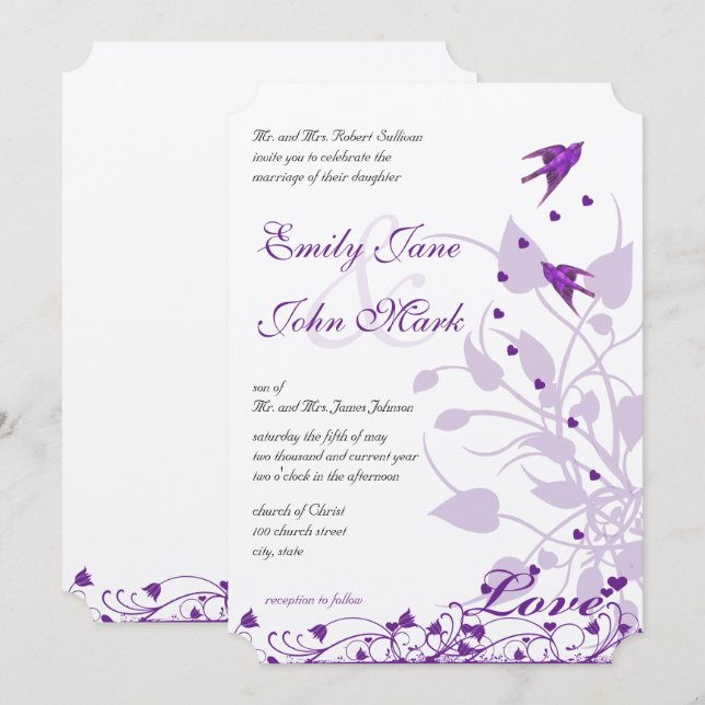 Convites Casamento com aves de lavanda e Roxo Lilac (Frente/Verso)