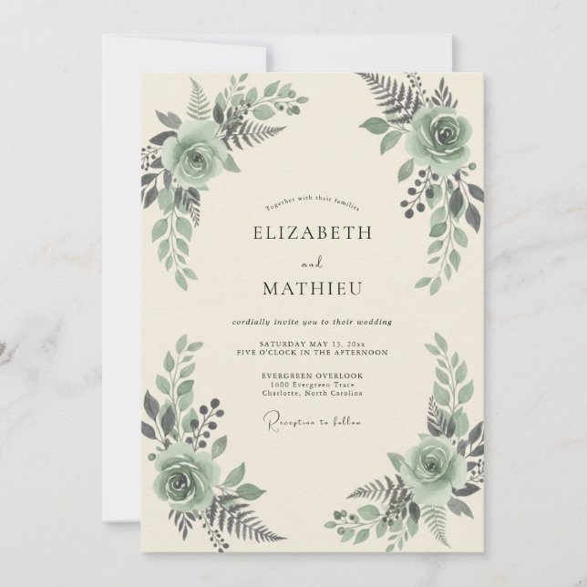 Convites Casamento com azeitona celadon e feto (Frente)