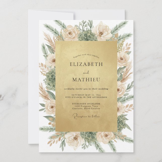 Convites Casamento com Azeitona Champanhe Pampas Eucalipto (Frente)