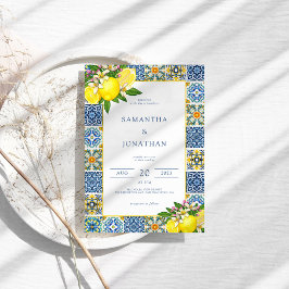 Convites Casamento com Azul e Amarelo-Limão Moderno do Medi