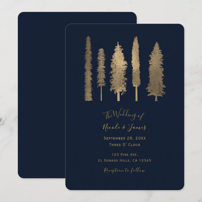 Convites Casamento com Azul Escuro e Dourado em Floresta de (Frente/Verso)