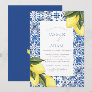 Convites Casamento com Azulejo Azul Limão Mediterrâneo