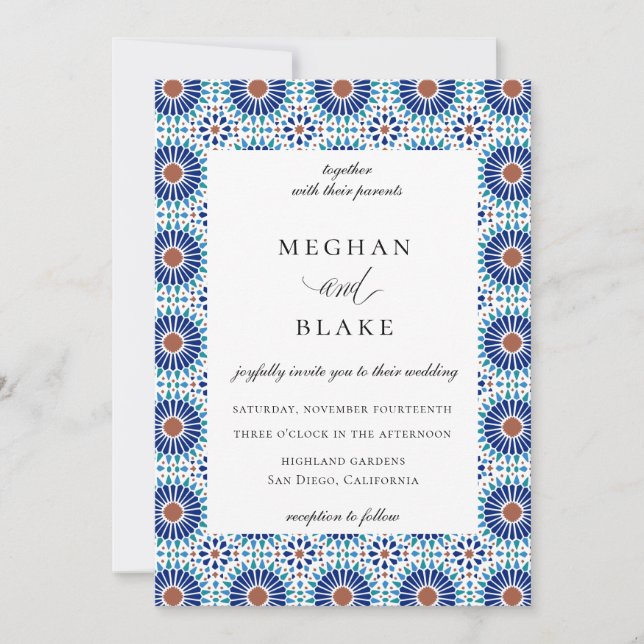 Convites Casamento com Azulejo Geométrico Rústico Charme Es (Frente)