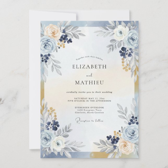 Convites Casamento com Bagas Champagne Marinho (Frente)
