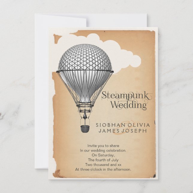 Convites Casamento com Balão de Ar Quente Steampunk (Frente)