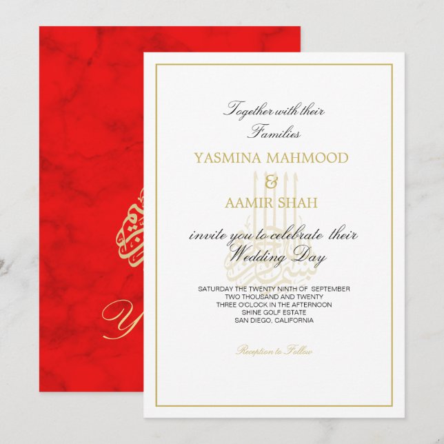 Convites Casamento com Bismillah Islâmico Dourado Vermelho  (Frente/Verso)