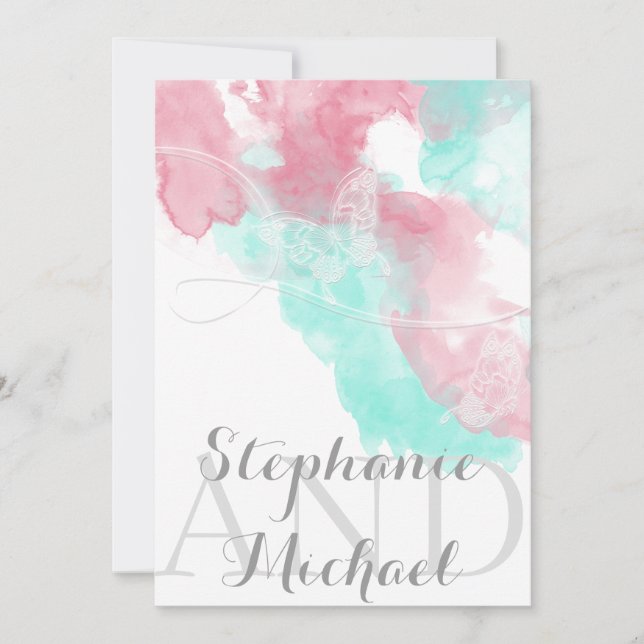 Convites Casamento com Blush de Borboleta de Aquarela (Frente)