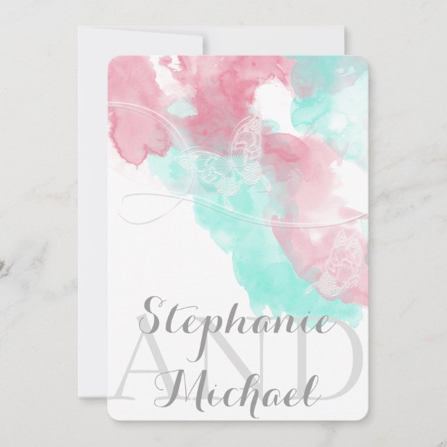 Convites Casamento com Blush de Borboleta de Aquarela (Frente)