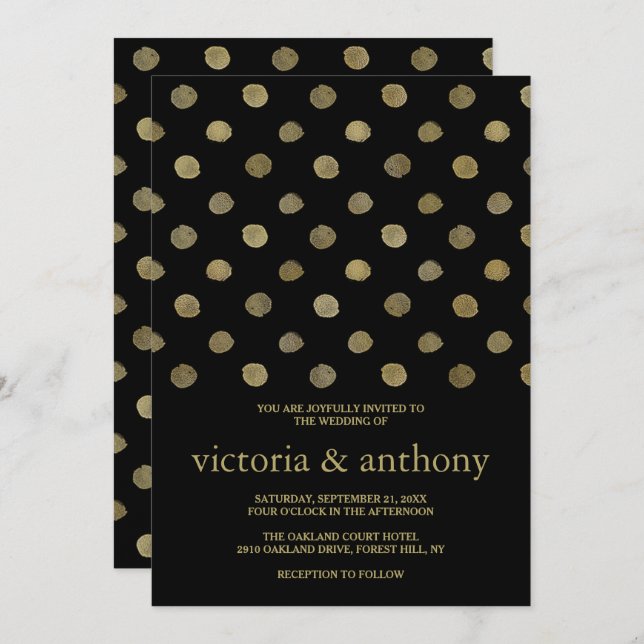 Convites Casamento com Bolinhas Douradas e Pretas Modernas (Frente/Verso)