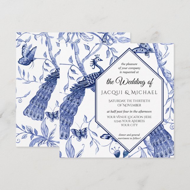 Convites Casamento com Borboleta Azul-Pavão-Marinho Chinois (Frente/Verso)