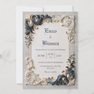 Convites Casamento com Borda Barroca Azul Marinho e Marfim