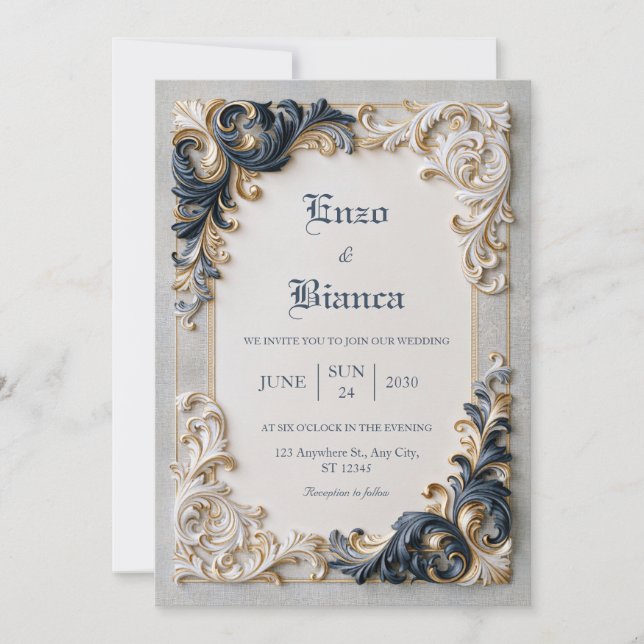 Convites Casamento com Borda Barroca Azul Marinho e Marfim (Frente)