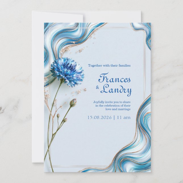 Convites Casamento com Borda de Mármore e Centáurea Azul (Frente)