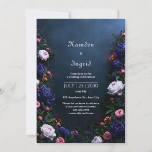 Convites Casamento com Borda de Peônia Índigo Meia-Noite